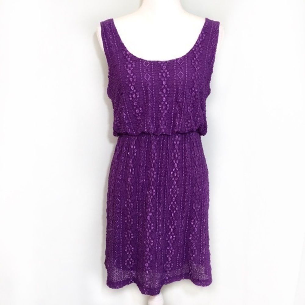 CLEARANCE Purple Crochet Textured Blouson Stretchy Dress